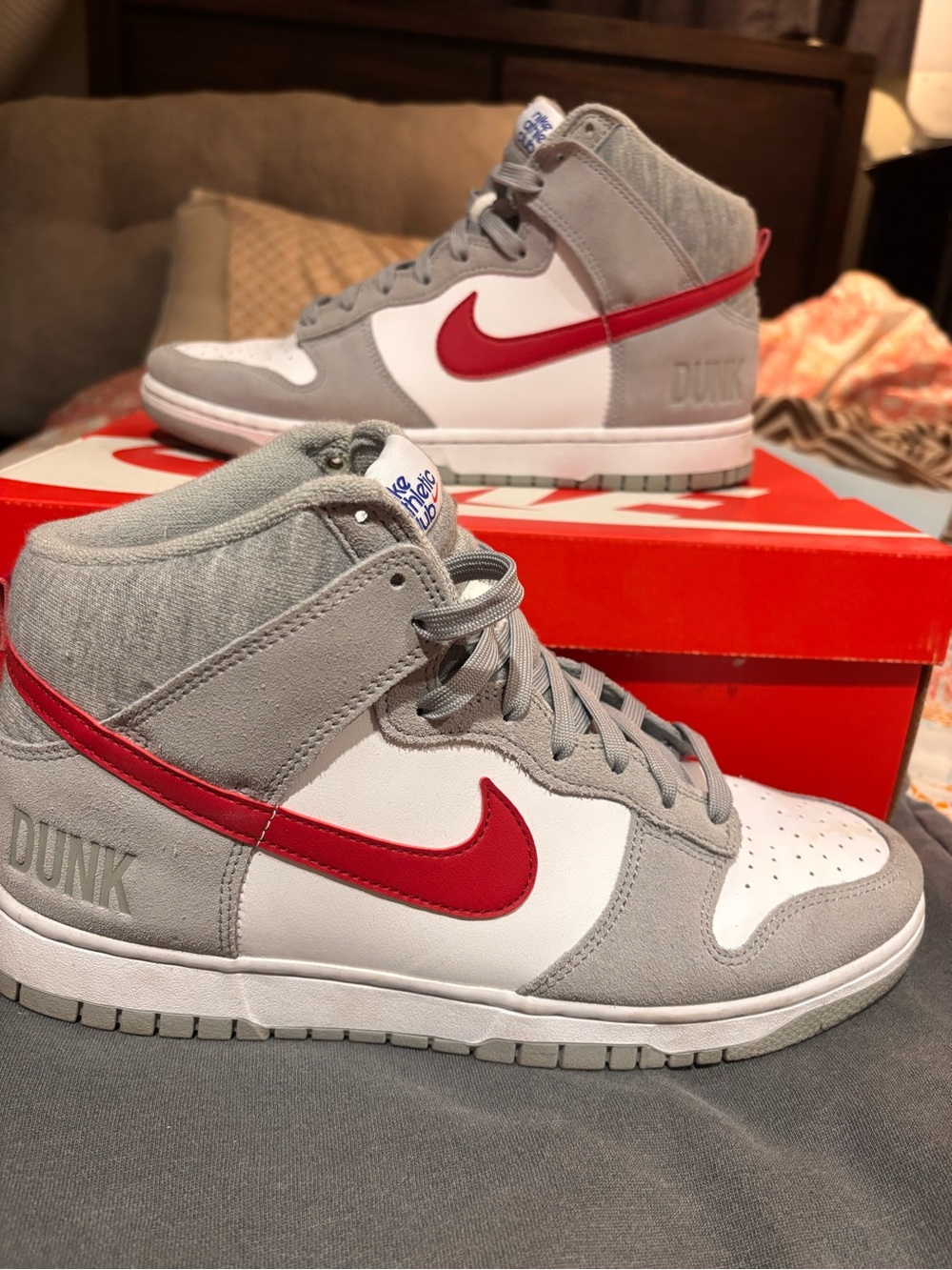 Nike Gray White Sneakers with Red Swoosh - High Top Dunk Style